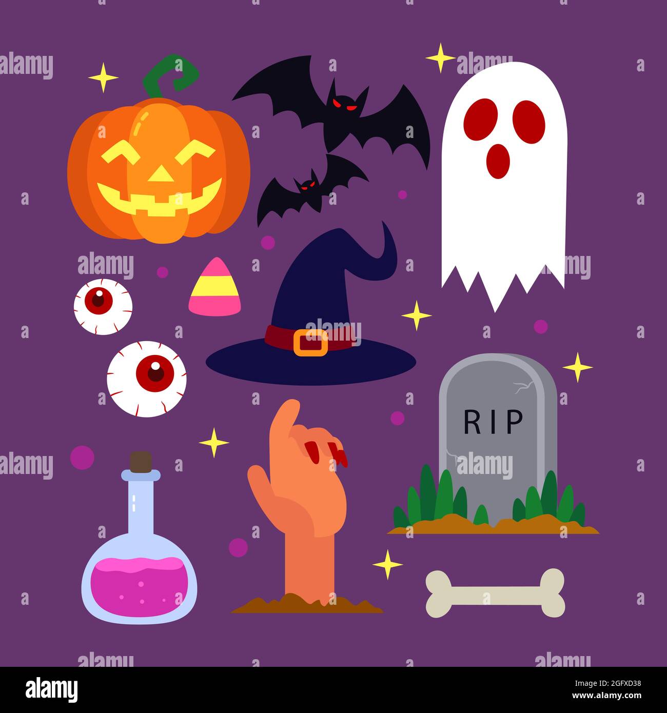 Elementi di Halloween piatti disegnati a mano insieme illustrazione vettoriale. Illustrazione Vettoriale