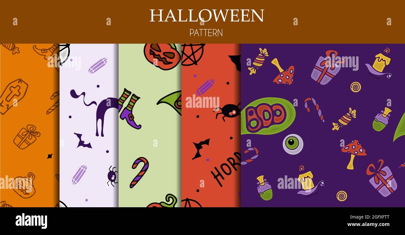 Vector Seamless Doodle Halloween pattern colorful cartoon clipart, simboli mano disegna Banners per annuncio, web, party Illustrazione Vettoriale