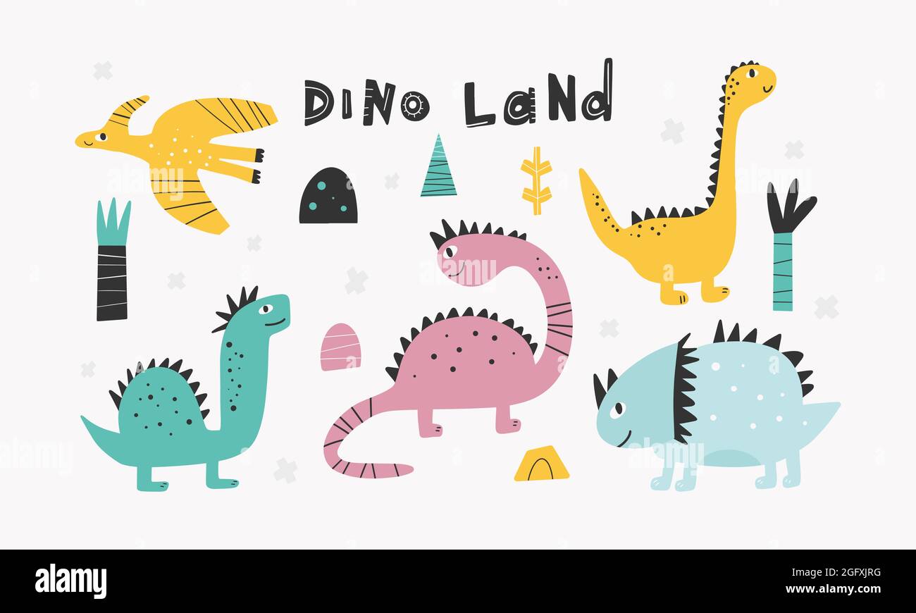 Carino collezione Dinosaurs in stile cartone animato. L'illustrazione cute colorata del bambino è ideale per un'illustrazione del vettore della stanza dei bambini Illustrazione Vettoriale