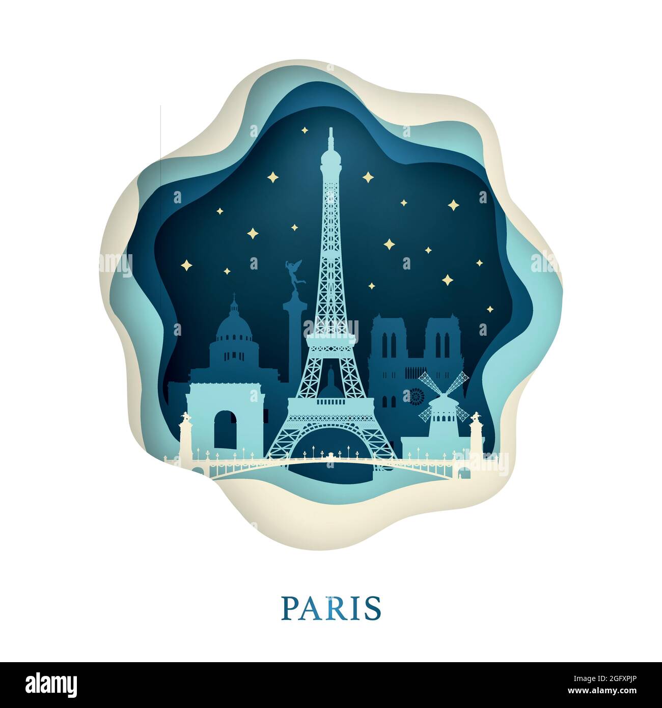 Arte della carta di Parigi. Concetto Origami. Notte città con stelle. Illustrazione vettoriale. Illustrazione Vettoriale