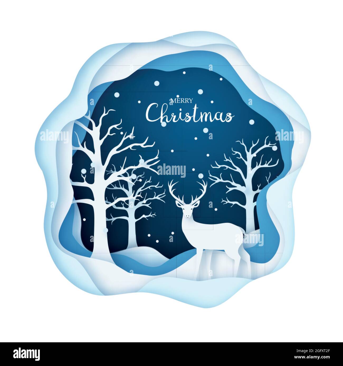 Illustrazione di arte della carta, cervo in una foresta nevosa. Buon Natale e Felice Anno Nuovo. Concetto Origami. Illustrazione vettoriale. Illustrazione Vettoriale