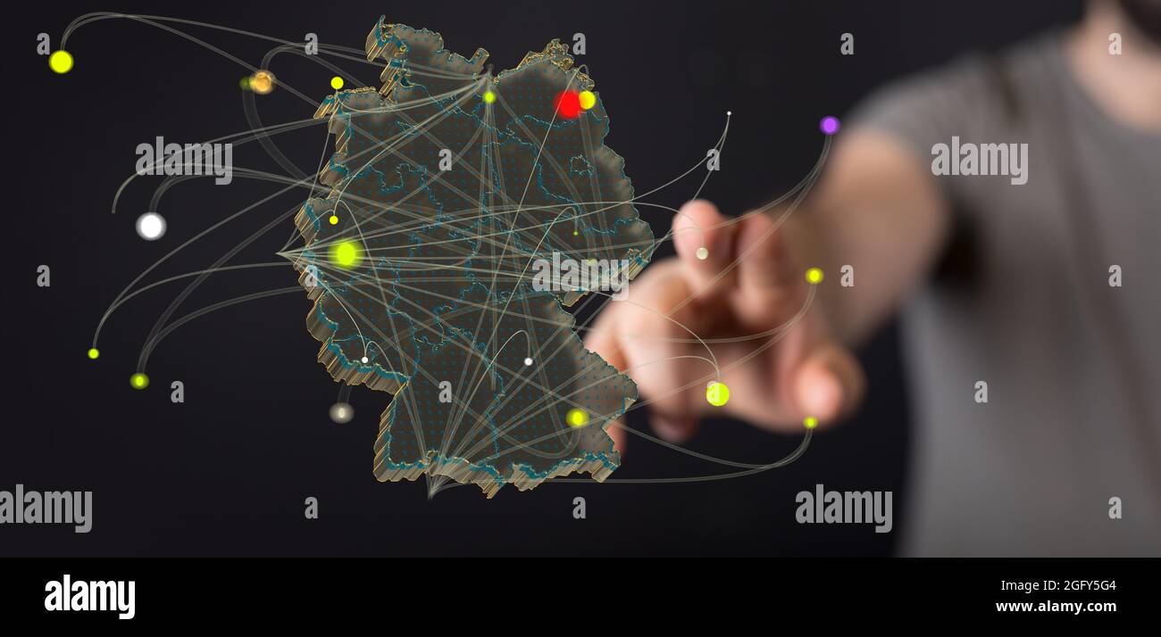 Primo piano di una mappa tedesca in 3d resa in mano di un uomo Foto Stock