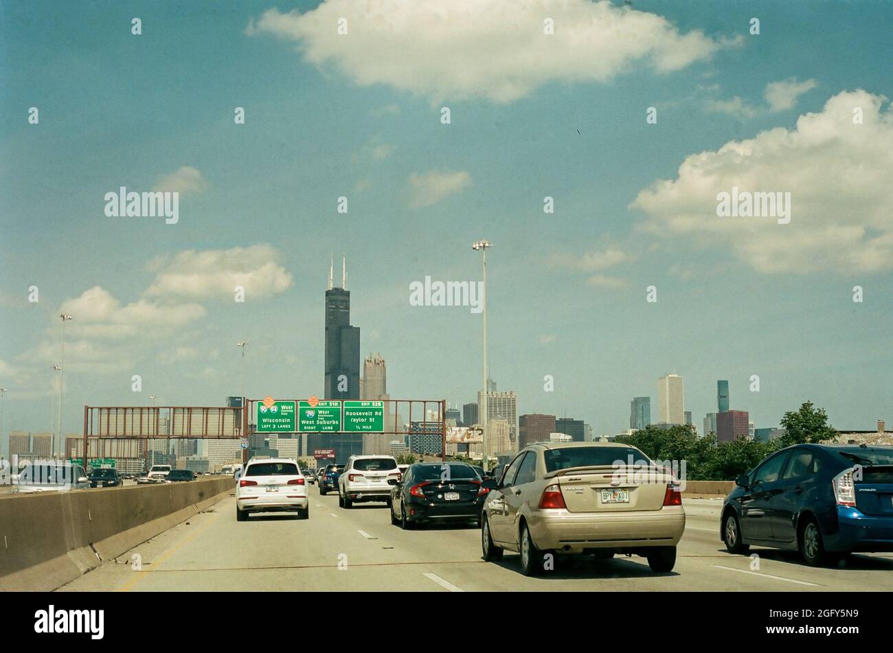 Vista dello skyline di Chicago dall'Interstate 94 Foto Stock