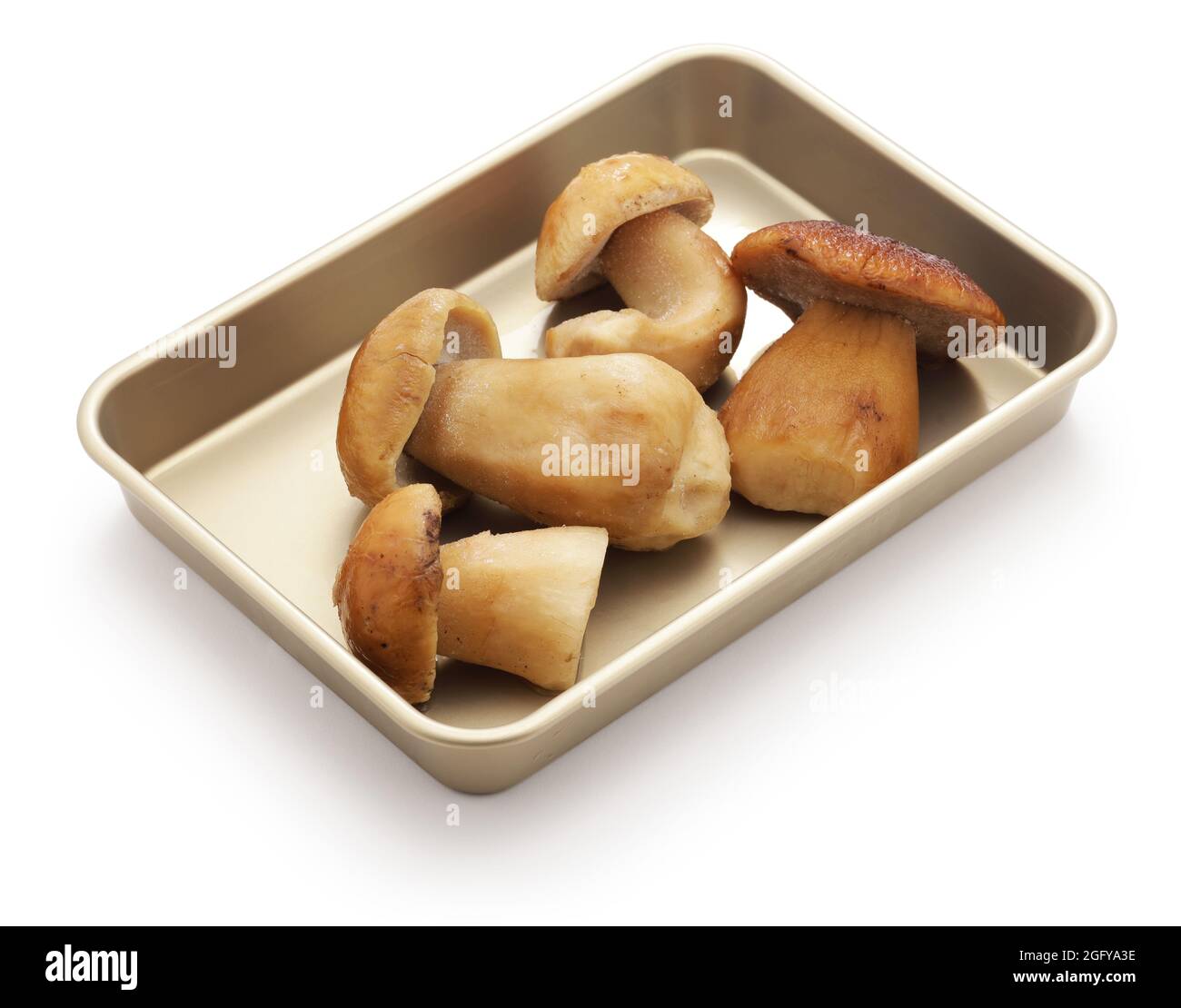 porcini congelati in un vassoio isolato su sfondo bianco Foto Stock