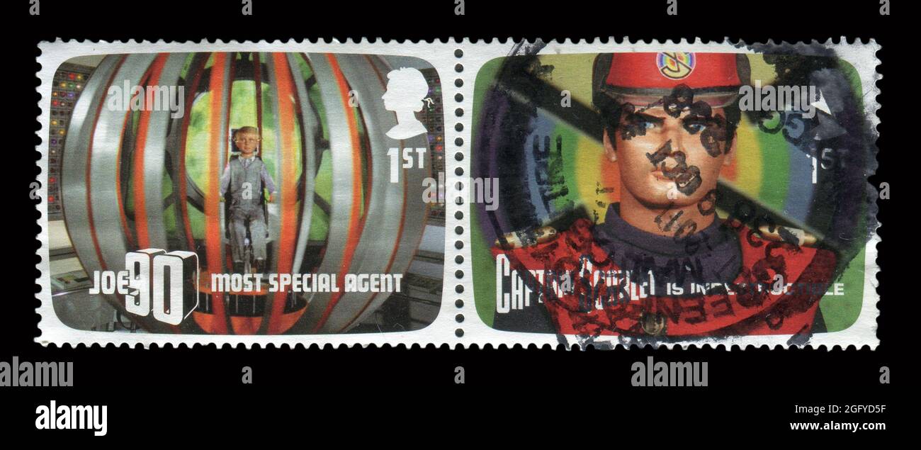 2 TIMBRI DEL SET PCS stampati nel Regno Unito mostrano l'immagine dell'agente più speciale Joe90. Foto Stock