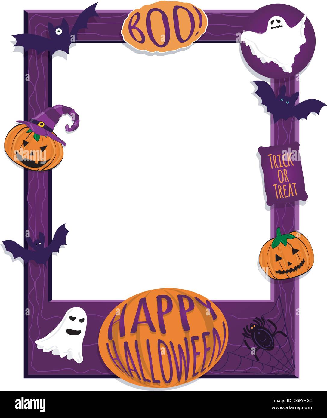 Poster della cornice fotografica di Halloween con zucche, pipistrelli, ragno e fantasmi. Concetto di Photoboth Illustrazione Vettoriale