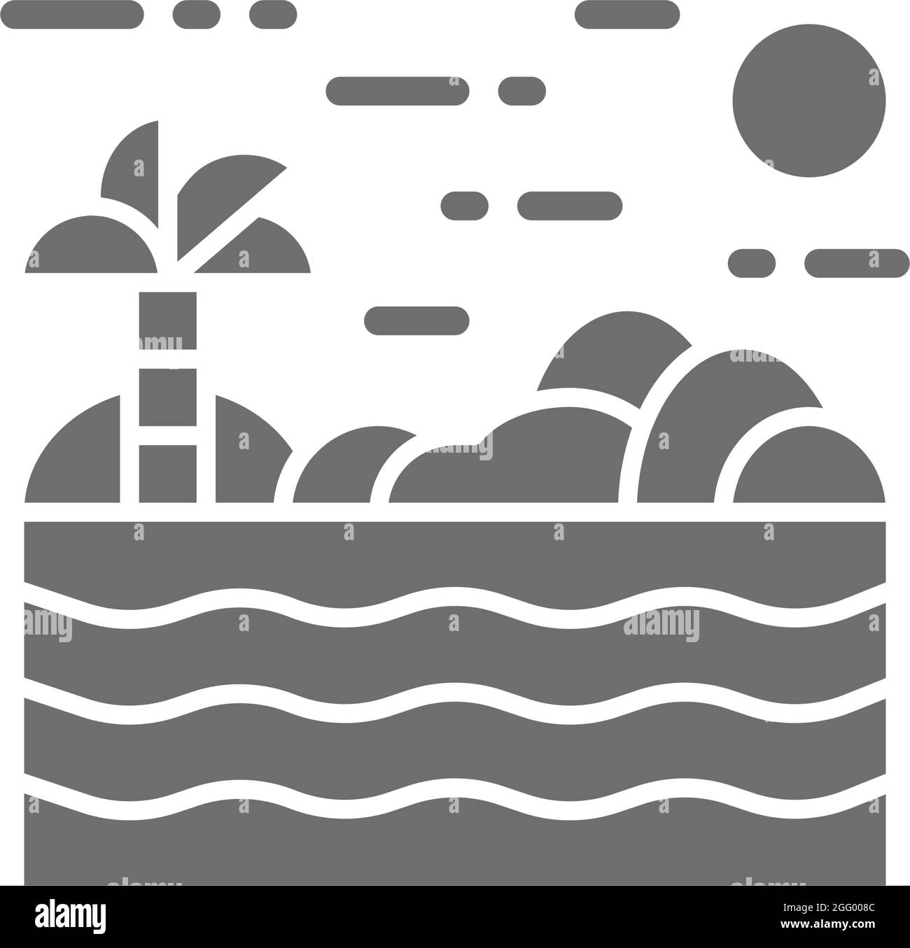 Spiaggia con palma, isola tropicale, Thailandia puntello grigio icona. Illustrazione Vettoriale