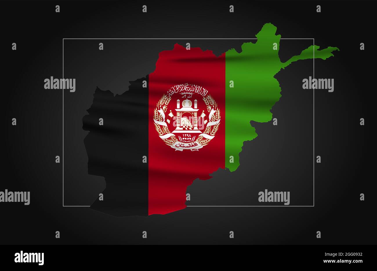 Mappa dell'Afghanistan all'interno della bandiera afghana su sfondo nero a gradiente. Illustrazione Vettoriale