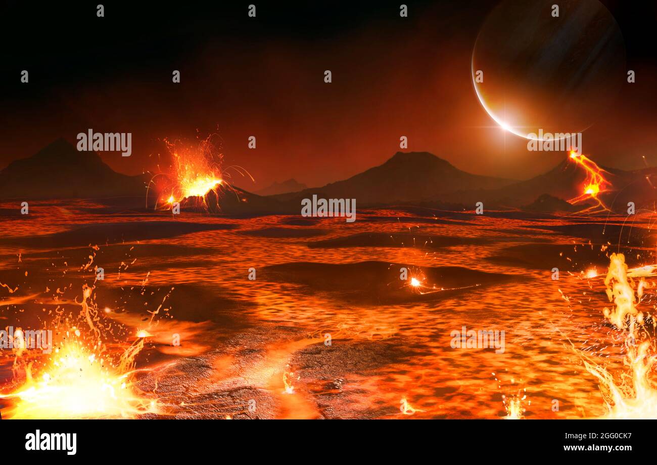 Giove visto dalla superficie della luna vulcanica Io. Io, la più interna delle lune galileiane di Ioviano, orbita così vicina a Giove che il suo interno è mantenuto fuso dalle maree del pianeta gigante. Il calore dell'interno rende Io il mondo più attivo vulcanicamente nel noto sistema solare. Giove è visto nel cielo, in alto a destra, con il Sole che si rimette da dietro Foto Stock