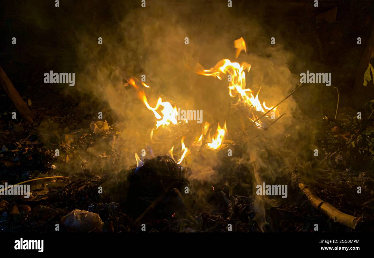 Immondizia di legno nel fuoco, una combustione illegale nel giardino. Concetto di incendio forestale Foto Stock