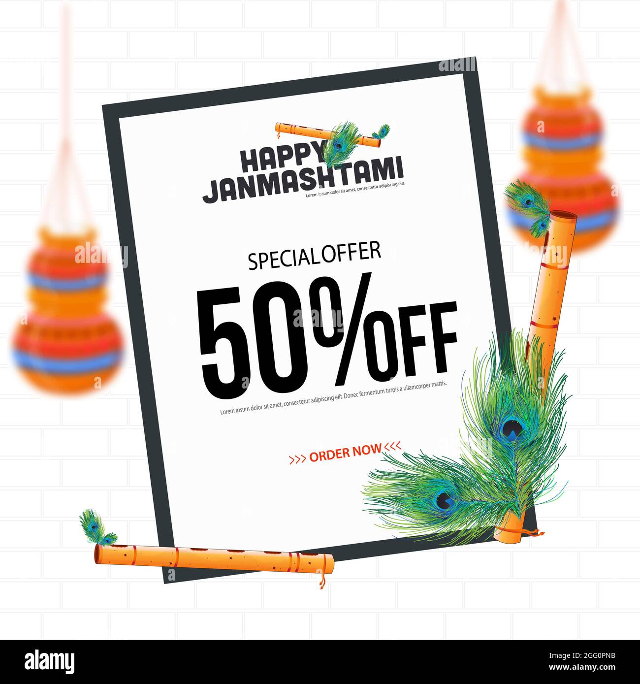 Felice Janmashtami offerta speciale vendita banner design con il 50% di sconto sfondo per le feste. Illustrazione Vettoriale