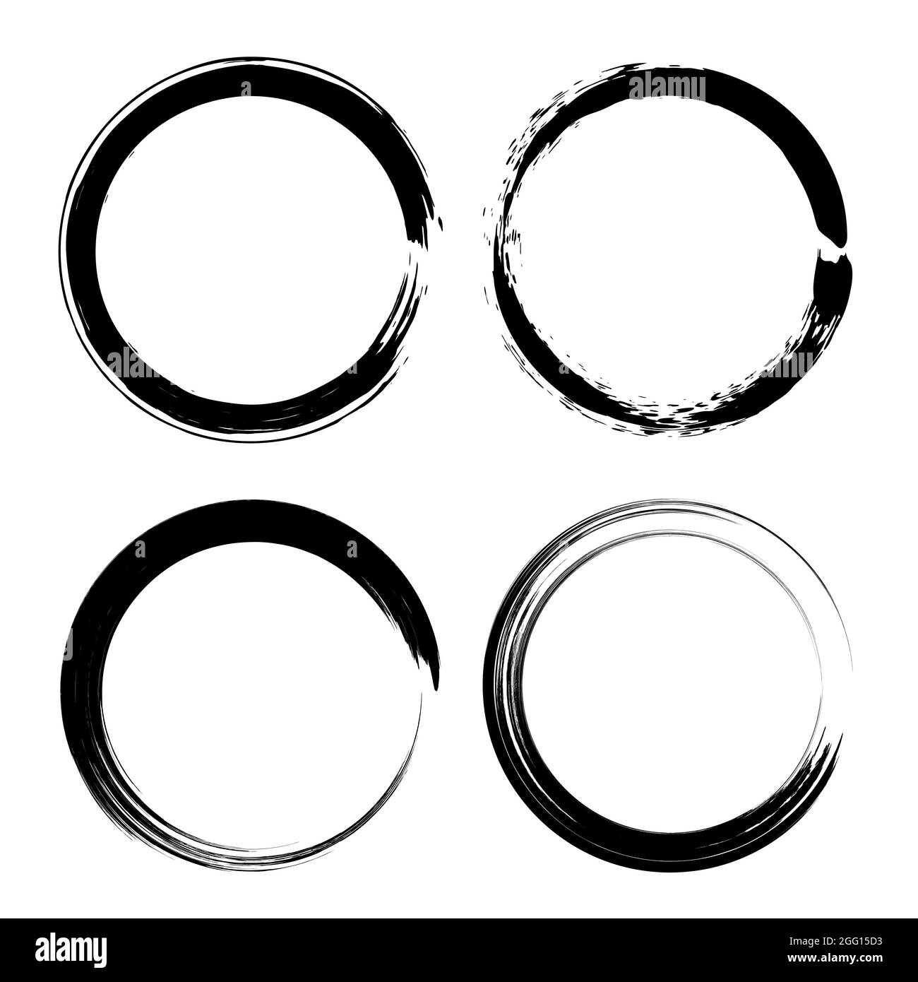 Set di grunge cerchi vintage. Frame vettoriali. Isolare le texture di distress nere. Elementi di design sporchi per bordi, emblemi, badge, etichette Illustrazione Vettoriale