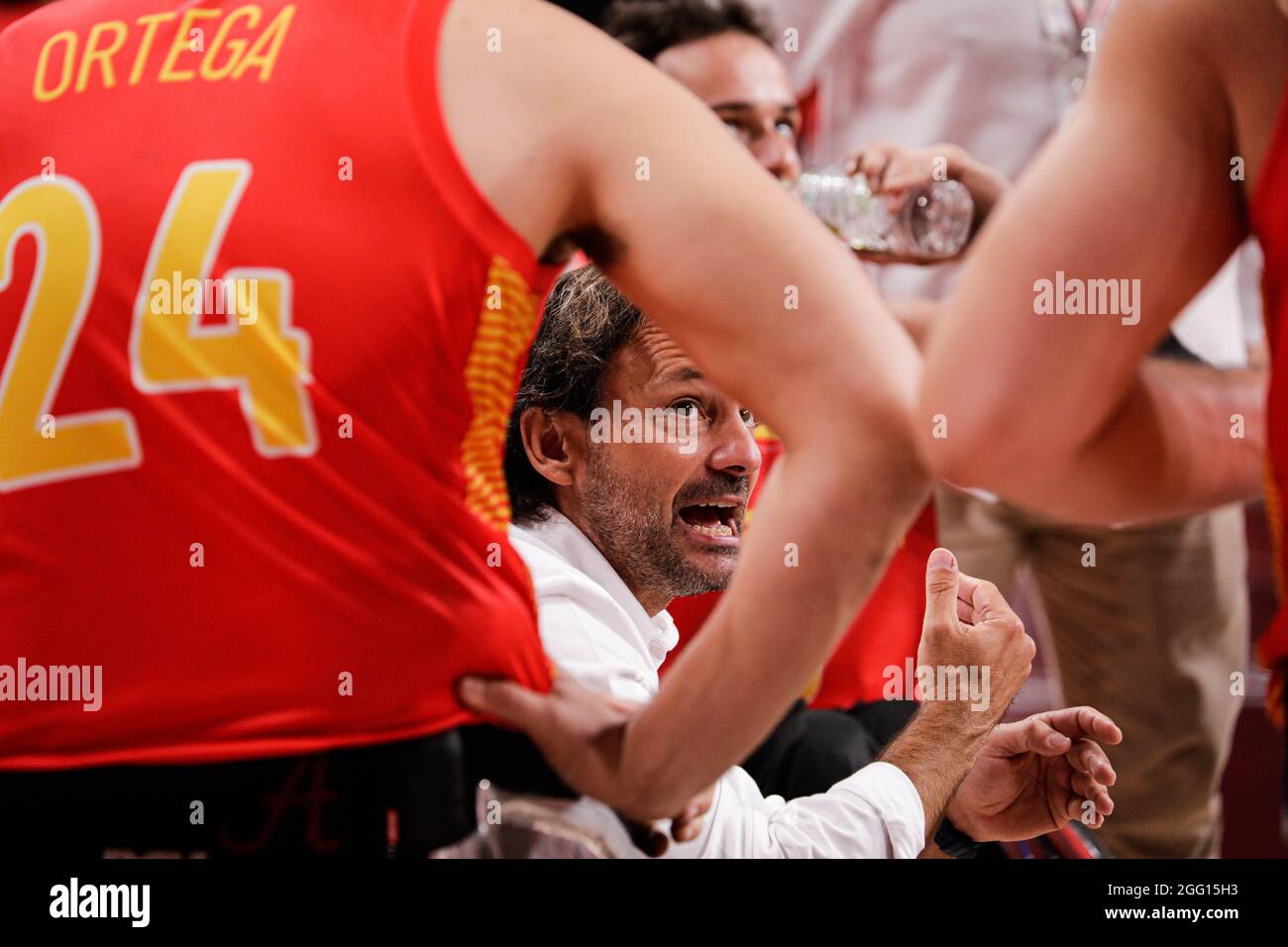 Tokyo, Giappone, 28 agosto 2021, Tokyo 2020 Paralimpic games, Wheelchair Basketball. Spagna e Turchia. Allenatore TOGO DIEZ Oscar Foto Stock
