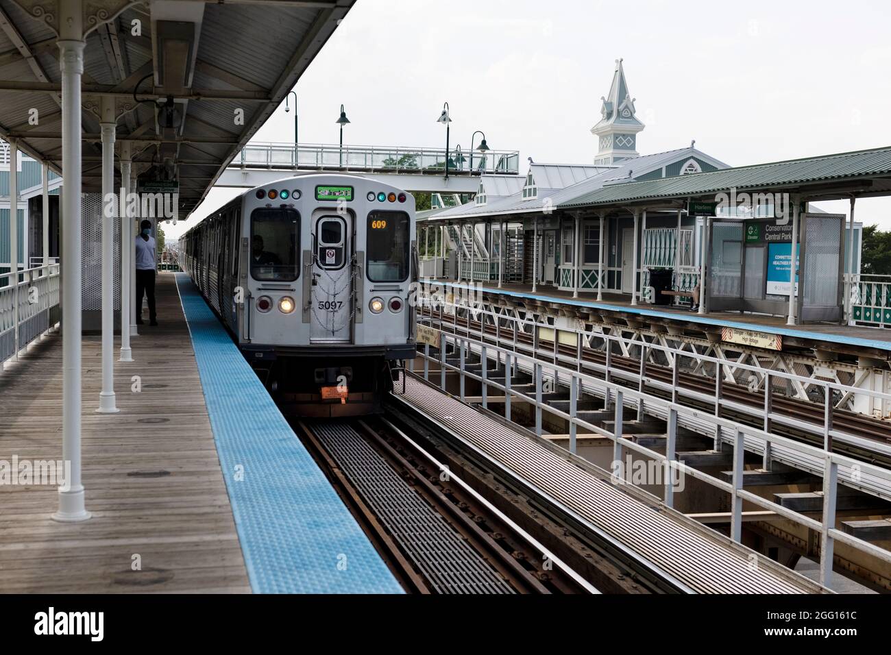 Un treno porta nella piattaforma della stazione ferroviaria sopraelevata al Conservatory Central Park Drive a Chicago, Illinois, USA. Foto Stock