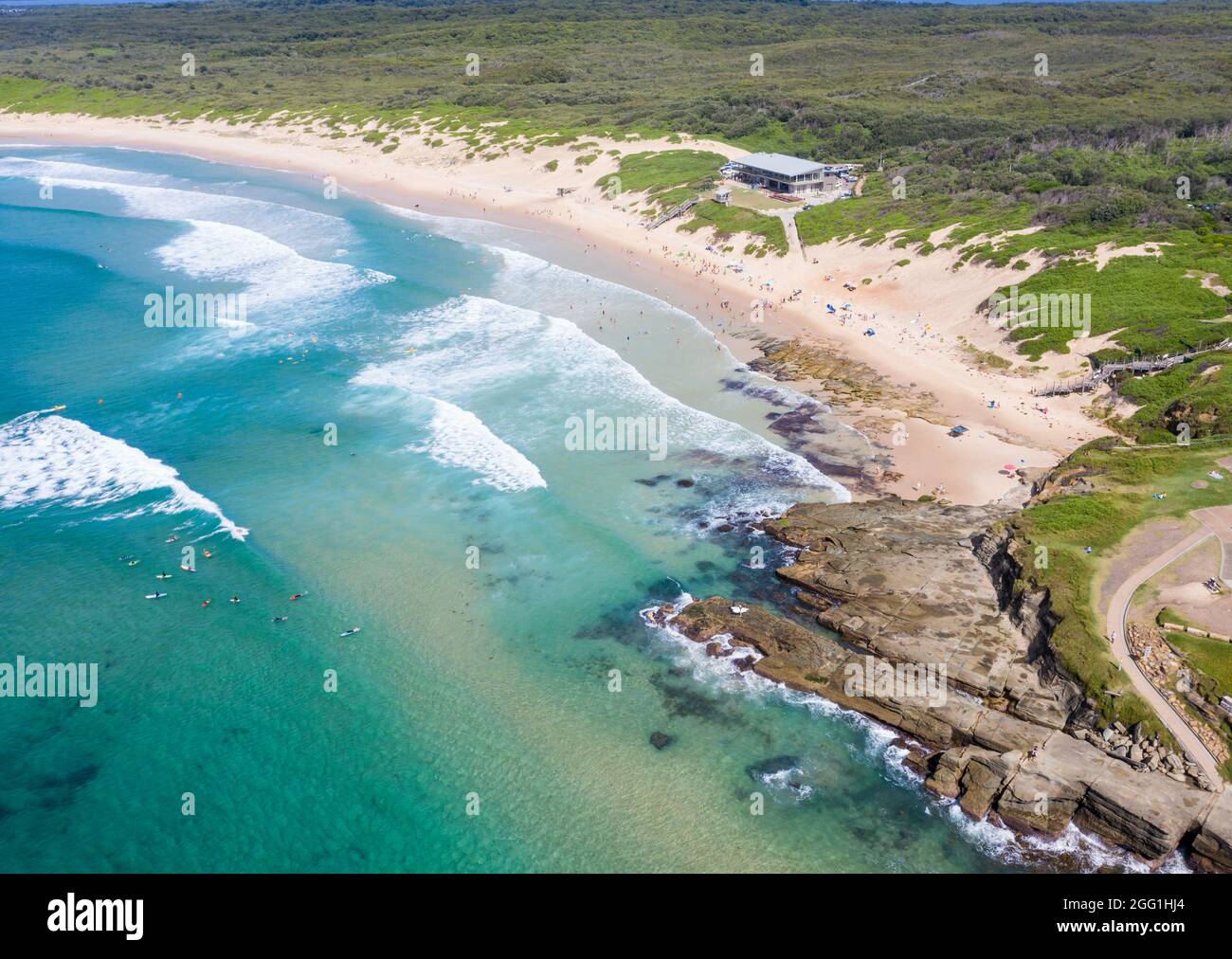 Vista aerea della spiaggia dei soldati a Norah Head sulla costa centrale del NSW. Foto Stock