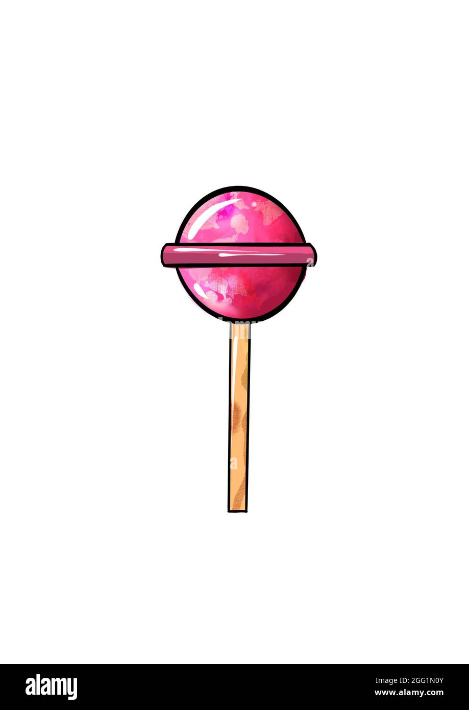 Illustrazione colore immagine dolci: lollipop a forma di palla su un bastone colore lilla su uno sfondo bianco isolato. Illustrazione di alta qualità Foto Stock
