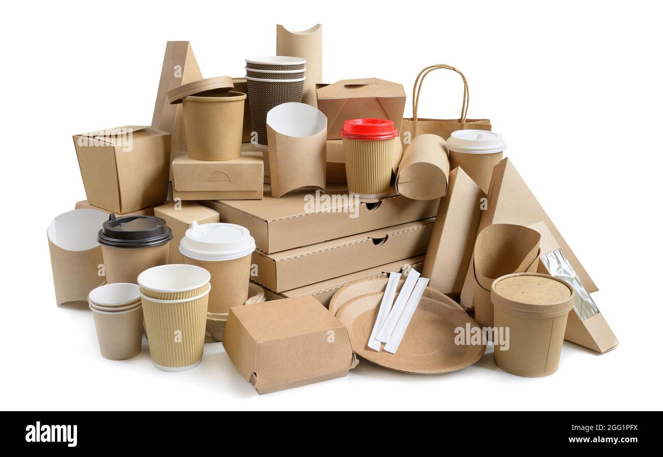Contenitori per fast food ecologici isolati su bianco. Foto Stock