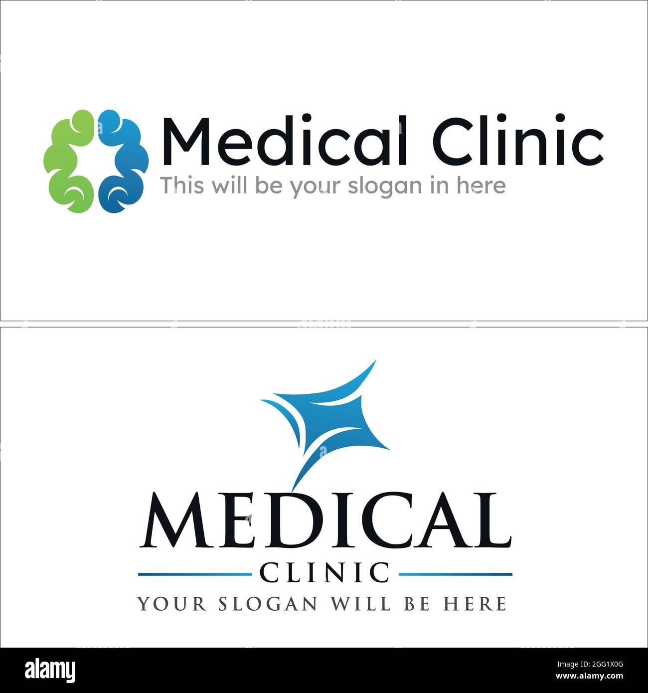 Clinica medica con disegno iniziale del logo dell'icona del cervello e del nervo Illustrazione Vettoriale