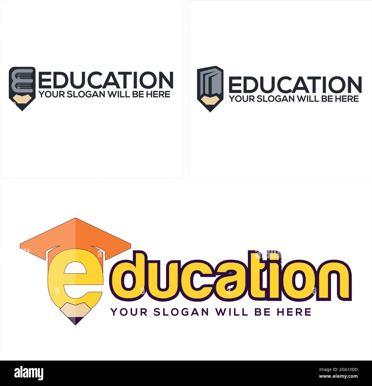 Logo Education con libro a matita con logo iniziale e vettore di disegno con tappo graduato Illustrazione Vettoriale