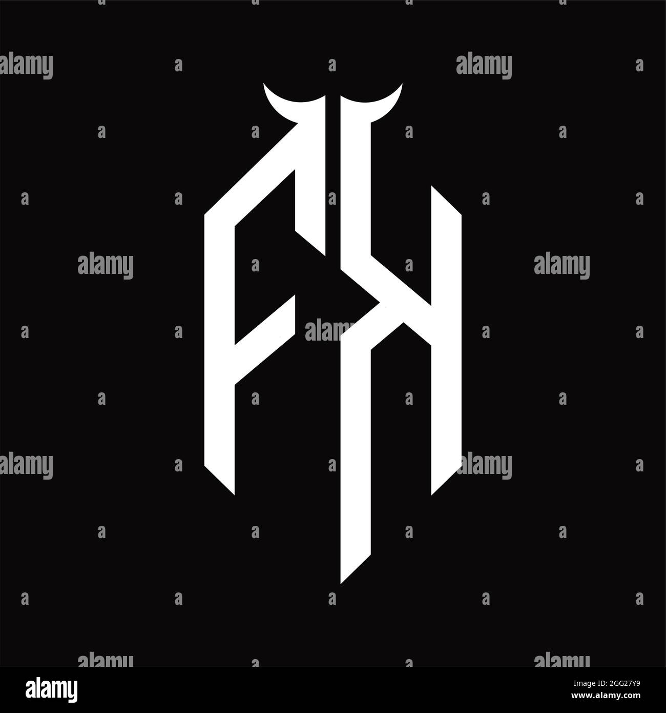 Monogramma FK Logo con forma a corno modello isolato bianco e nero su sfondo nero Illustrazione Vettoriale