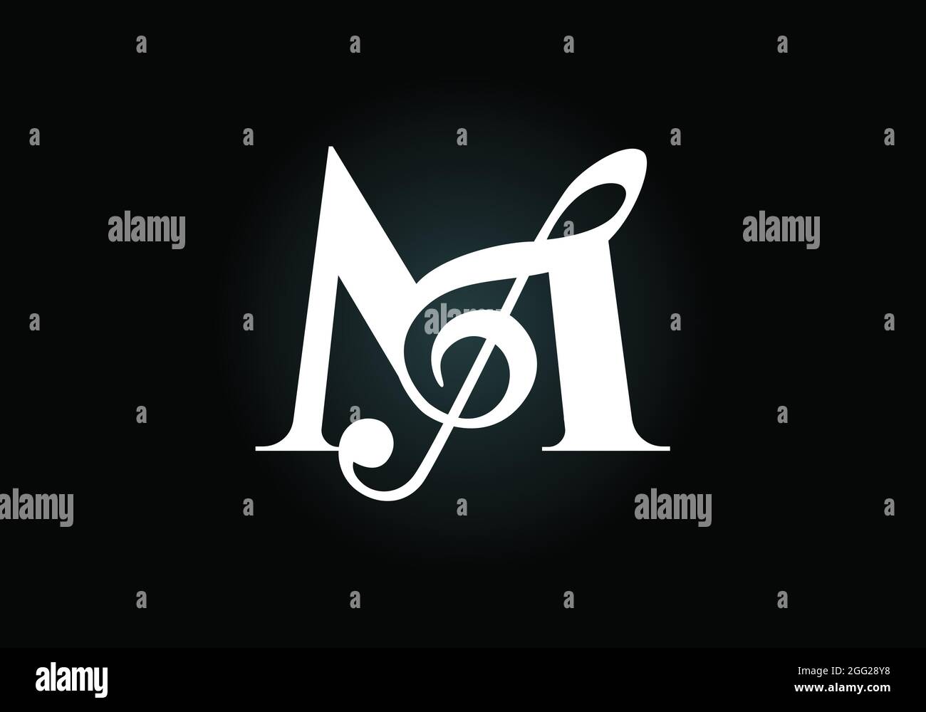 Alfabeto M monogramma iniziale con una nota musicale. Segni sinfonici o melodici. Simbolo del segno musicale. Emblema del carattere. Modello moderno con logo vettoriale. Illustrazione Vettoriale