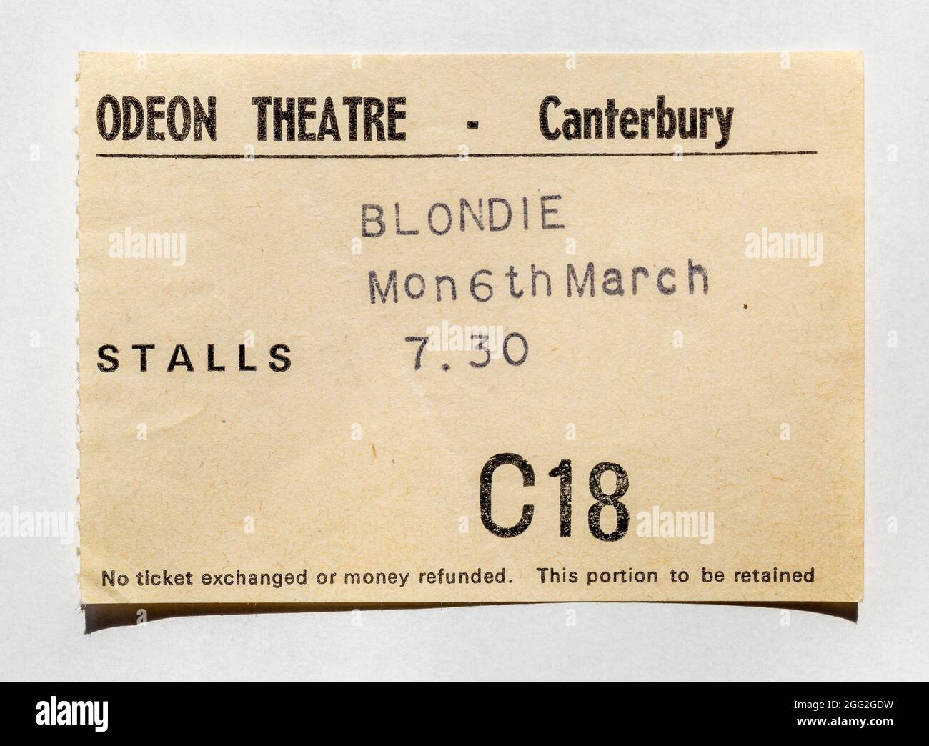 Un biglietto 'Blondie' dal 1978 al Canterbury Odeon, Inghilterra Foto Stock