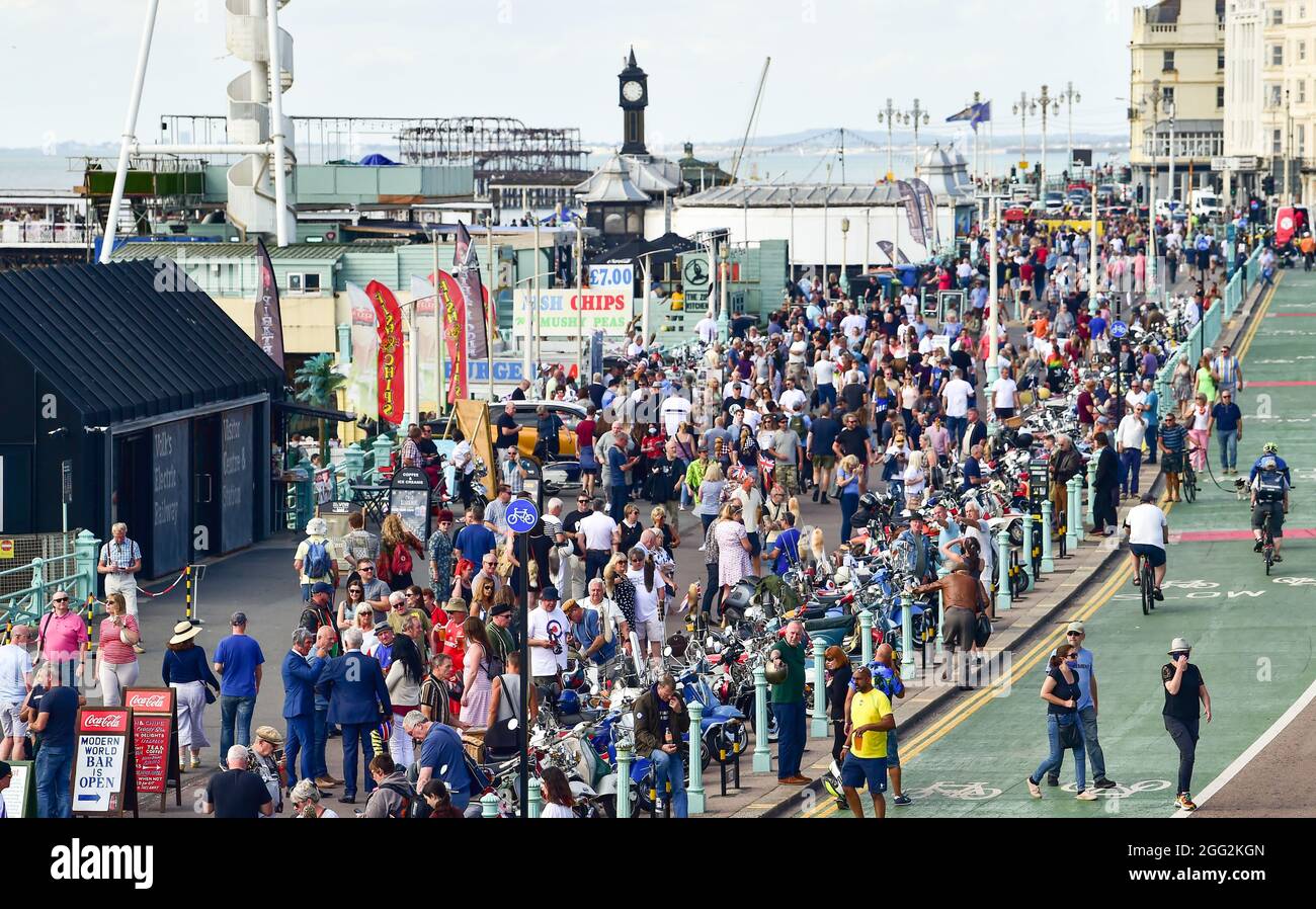 Brighton UK 28 agosto 2021 - centinaia di Mods si riuniscono su Madeira Drive Brighton in una bella giornata di sole durante il loro evento annuale Mod Weekender . Ogni anno Mods da tutte le parti della Gran Bretagna si riuniscono a Brighton per 4 giorni per celebrare i loro scooter e moda: Credit Simon Dack / Alamy Live News Foto Stock Brighton UK 28 agosto 2021 - centinaia di Mods si riuniscono su Madeira Drive Brighton in una bella giornata di sole durante il loro evento annuale Mod Weekender . Ogni anno Mods da tutte le parti della Gran Bretagna si riuniscono a Brighton per 4 giorni per celebrare i loro scooter e moda: Credit Simon Dack / Alamy Live News Foto Stock