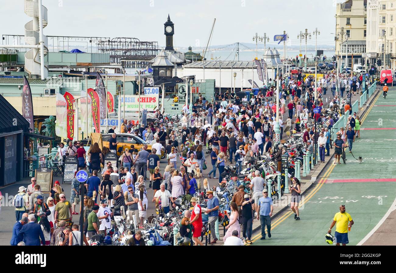 Brighton UK 28 agosto 2021 - centinaia di Mods si riuniscono su Madeira Drive Brighton in una bella giornata di sole durante il loro evento annuale Mod Weekender . Ogni anno Mods da tutte le parti della Gran Bretagna si riuniscono a Brighton per 4 giorni per celebrare i loro scooter e moda: Credit Simon Dack / Alamy Live News Foto Stock Brighton UK 28 agosto 2021 - centinaia di Mods si riuniscono su Madeira Drive Brighton in una bella giornata di sole durante il loro evento annuale Mod Weekender . Ogni anno Mods da tutte le parti della Gran Bretagna si riuniscono a Brighton per 4 giorni per celebrare i loro scooter e moda: Credit Simon Dack / Alamy Live News Foto Stock