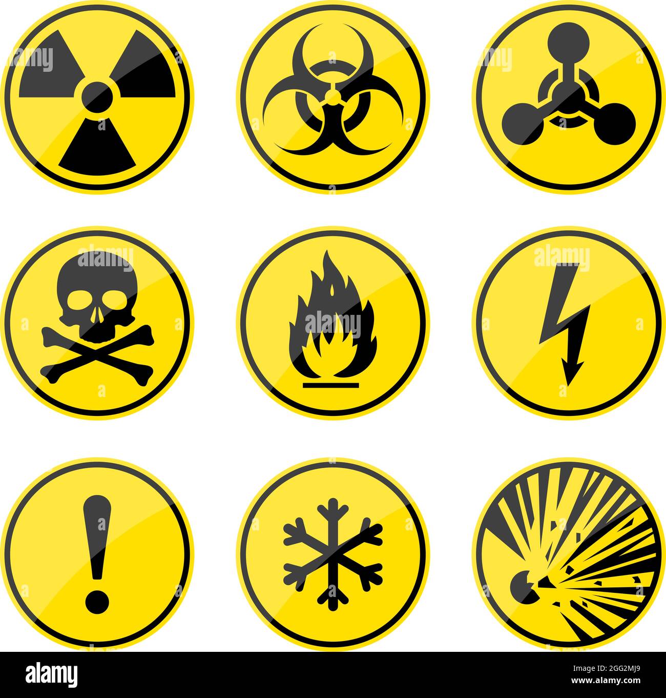Segnali di avvertenza impostati. Icone di pericolo rotonde. Segnale di radiazione. Segnale di rischio biologico. Segno tossico. Simbolo nucleare. Simbolo infiammabile. Segnali di attenzione. Illustrazione Vettoriale