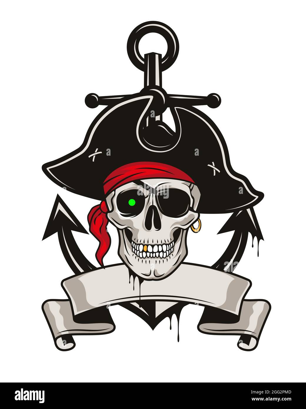 Emblema dei pirati con ancora e cranio in un cappello e un cerotto per gli occhi. Vettore disegno a mano cartoon illustrazione isolato su sfondo bianco. Illustrazione Vettoriale