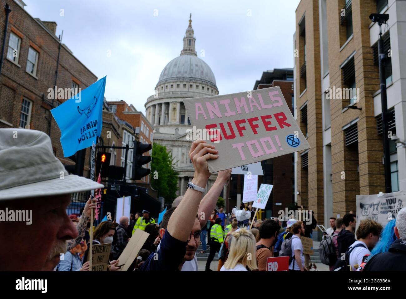 LONDRA - 28 AGOSTO 2021: I manifestanti della ribellione animale sulla marcia nazionale per i diritti degli animali a Londra. Foto Stock