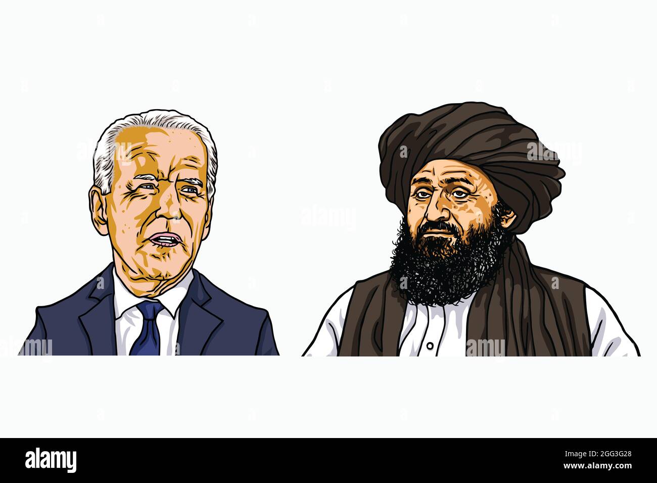 Joe Biden e Abdul Ghani Baradar, il leader del disegno di caricatura dei cartoni animati dei Talebani. Washington, 27 agosto 2021 Illustrazione Vettoriale
