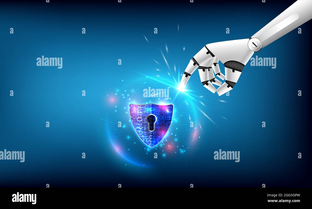 Intelligenza artificiale di sicurezza privacy sicuro. Il dito del robot tocca la sfera luminosa dell'esagono e lo schermo. Elevato computer di protezione. Tecnologia Illustrazione Vettoriale