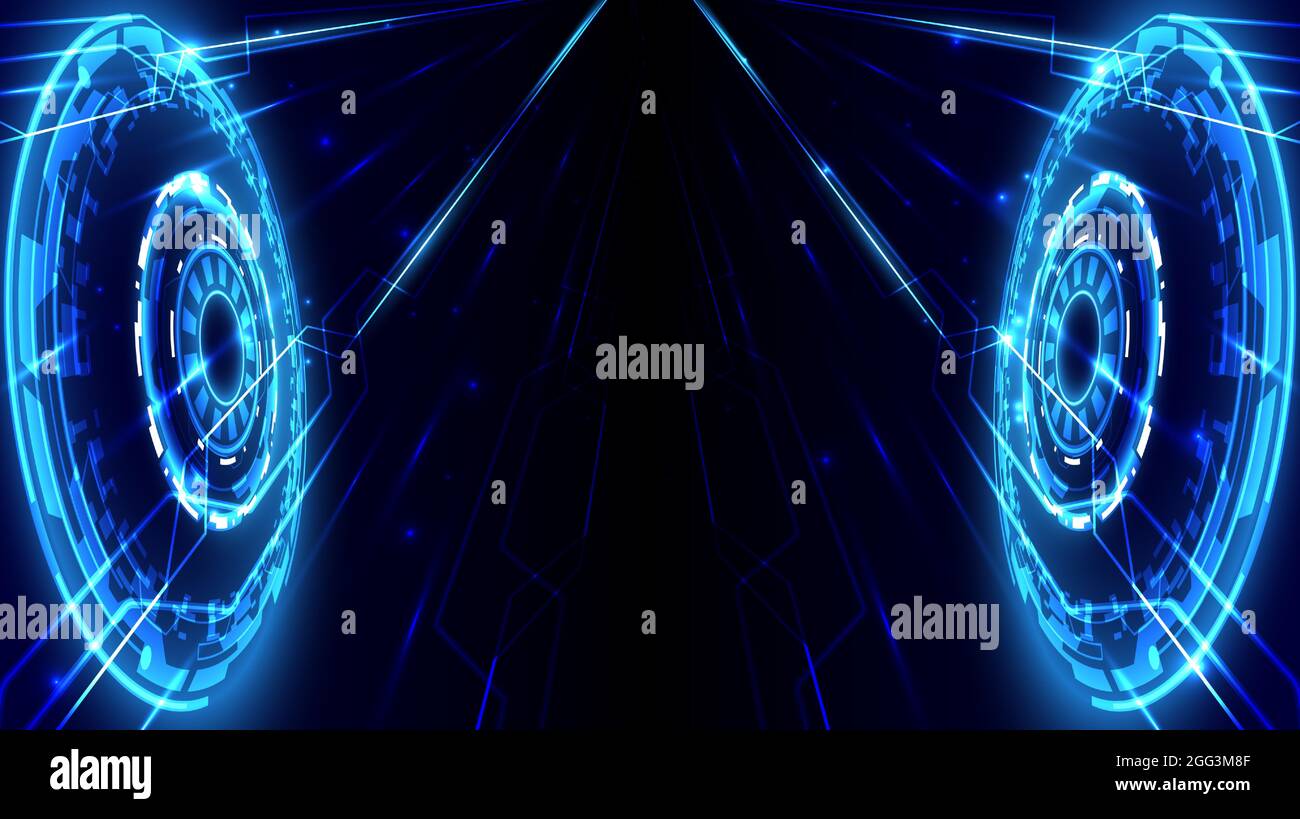 Freccia della velocità in prospettiva e cerchio HUD luminoso dei dati del computer. Astratto background futuristico ad alta tecnologia. Motivazione Internet e connessione a. Illustrazione Vettoriale
