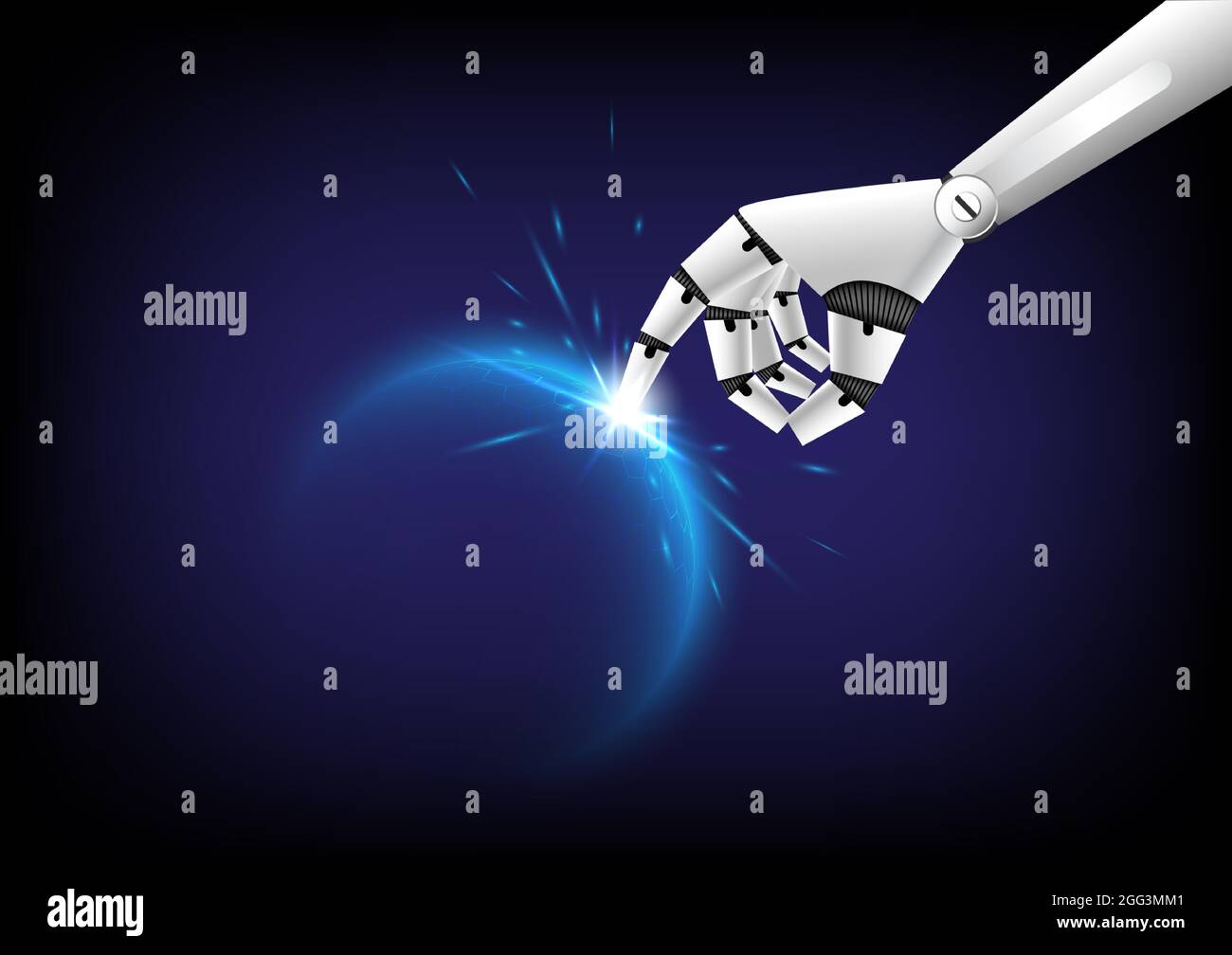 Intelligenza artificiale di sicurezza privacy di scurity. Il dito del robot tocca la sfera luminosa dell'esagono. Elevato computer di protezione. Ingegnere tecnologico di Illustrazione Vettoriale