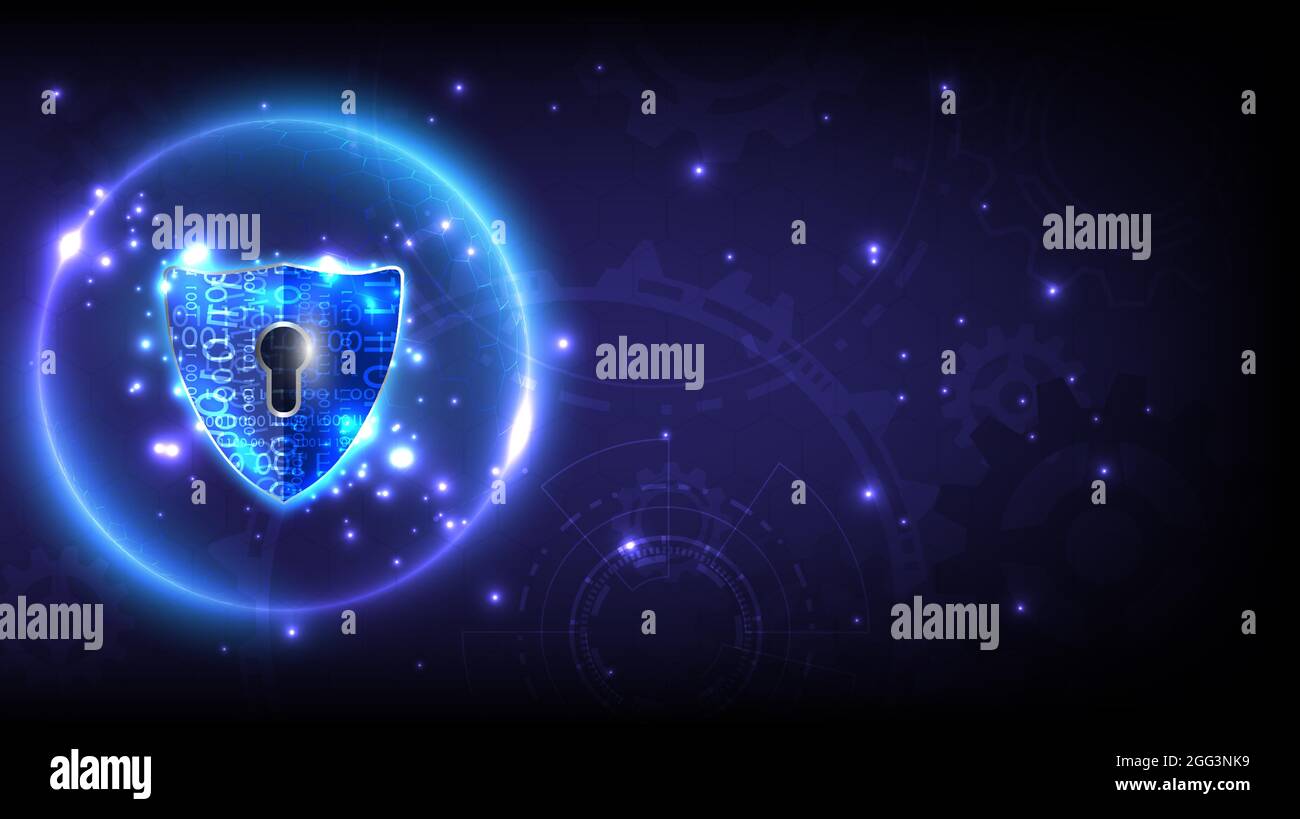 Futuristica sfera luminosa di lucchetto ologramma con keyhole-Shield nella sicurezza dei dati personali. Privacy dei dati o delle informazioni sulla sicurezza informatica. Techno astratto Illustrazione Vettoriale