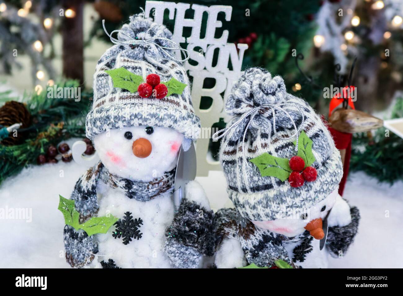Due adorabili pupazzi ornamentali con cappellini e sciarpe di fronte a  sfondo natalizio sfocato Foto stock - Alamy