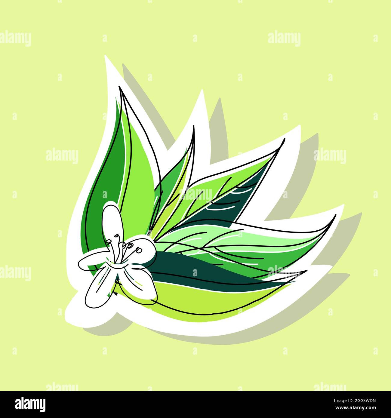 Illustrazione vettoriale di un ramo fiorito con fiori e foglie. Stile cartoon. Illustrazione Vettoriale