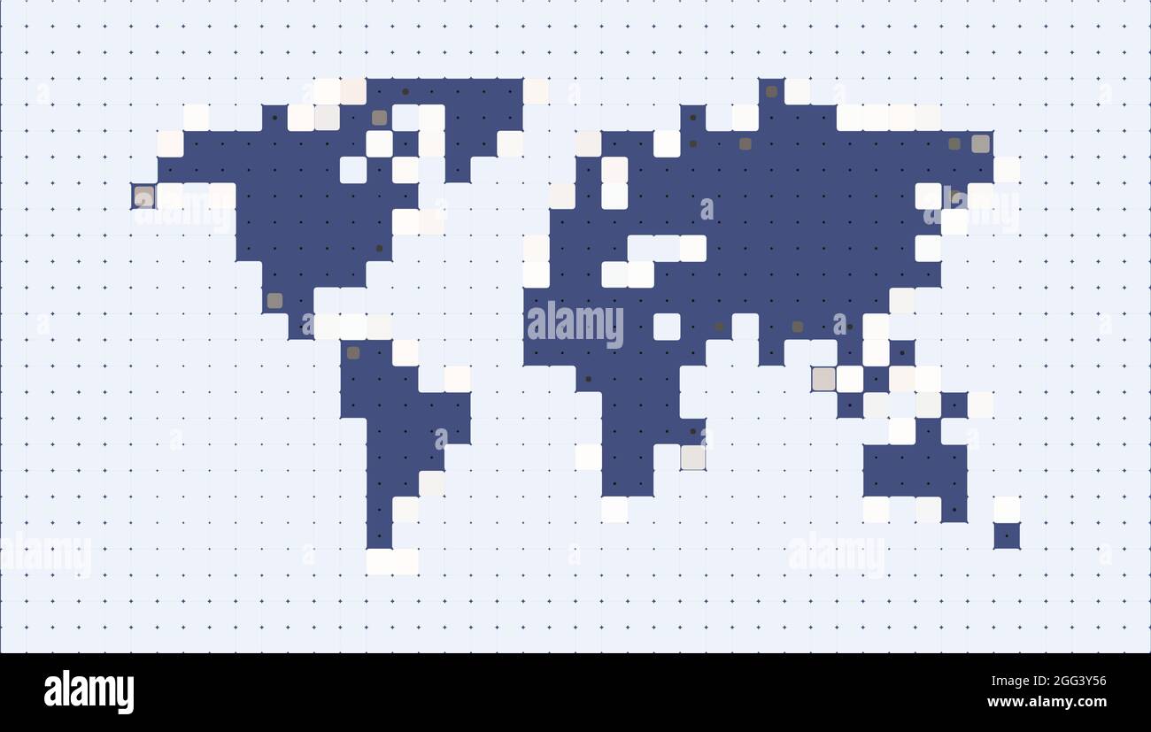 Illustrazione della mappa del mondo. Stile pixelated. Illustrazione digitale del rendering 2D. Illustrazione Vettoriale