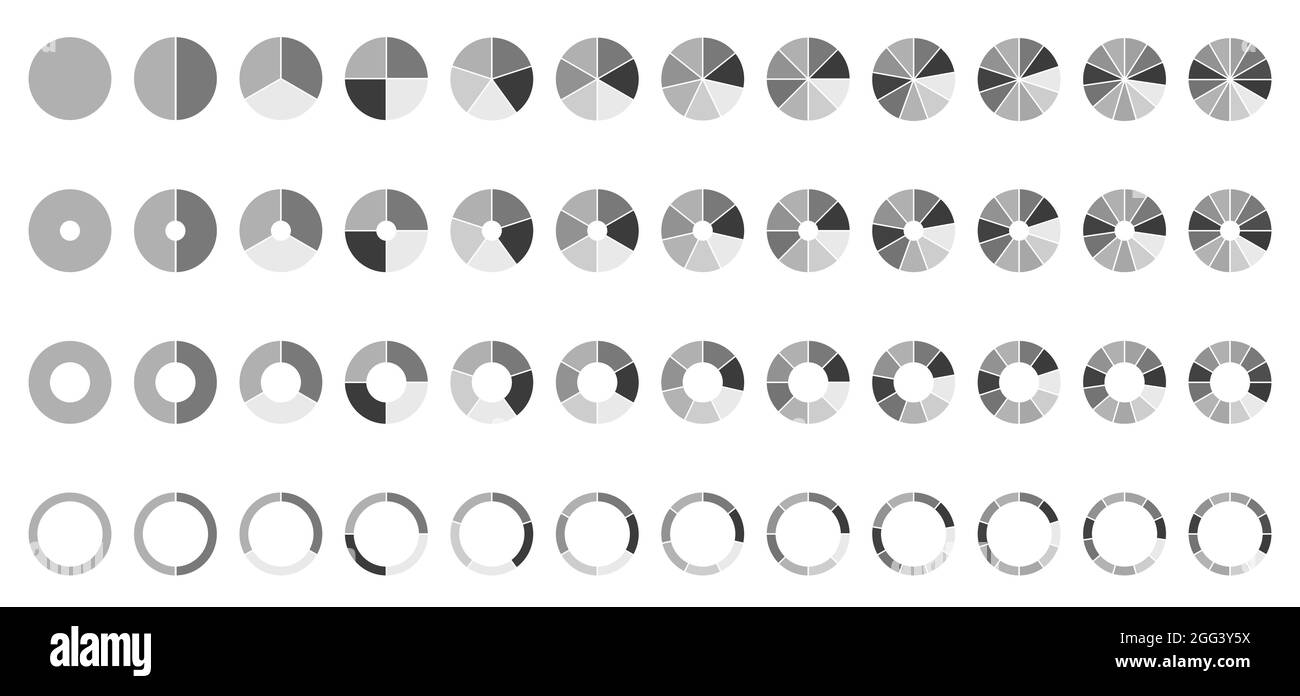 Grafici a torta a cerchio. Diagramma rotondo. 2,3,4,5,6,7,8,9,10,11,12 sezioni o gradini. Illustrazione Vettoriale