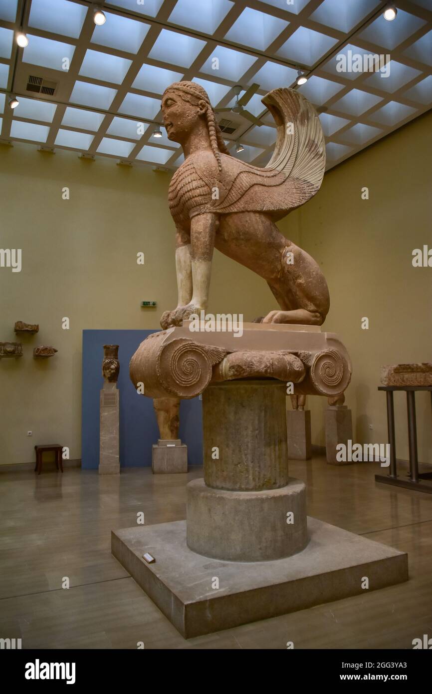 La Sfinge Naxiana nel Museo Delfi, Grecia Foto Stock