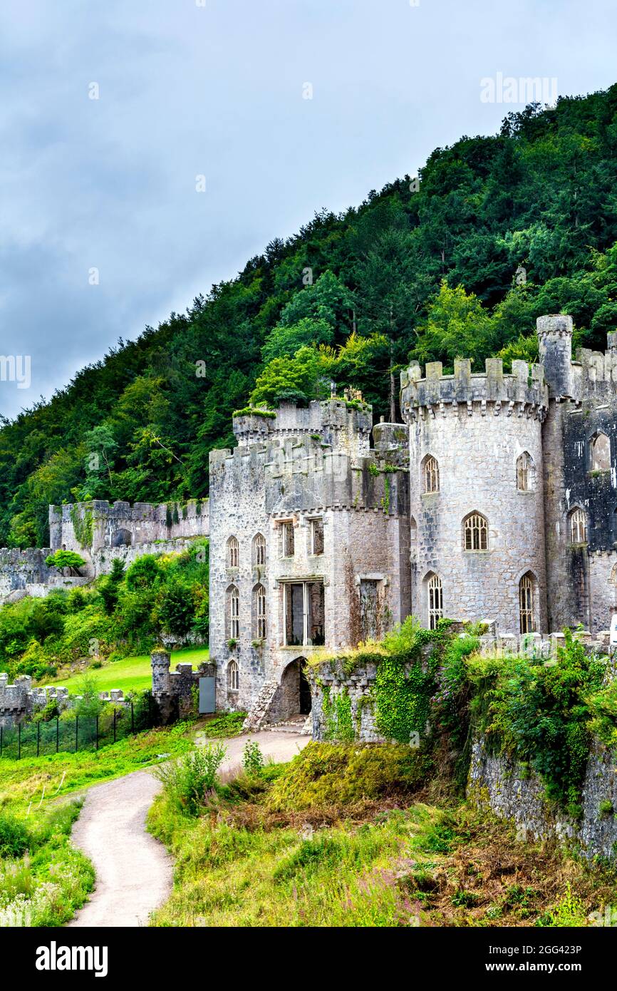 Rovine del castello di Gwrych costruito nel 19 ° secolo, Abergele, Galles, Regno Unito Foto Stock