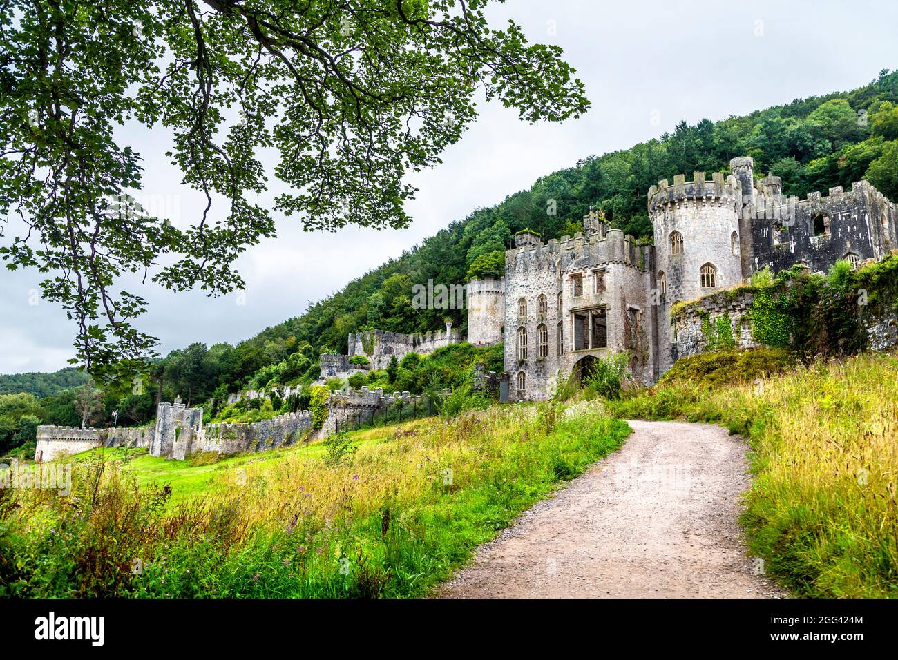 Rovine del castello di Gwrych costruito nel 19 ° secolo, Abergele, Galles, Regno Unito Foto Stock