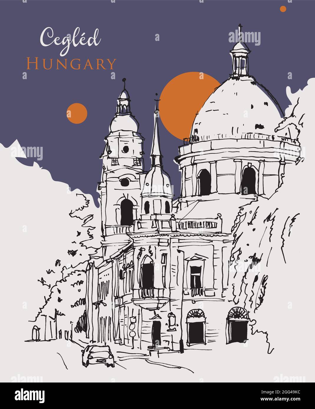 Disegno a mano vettoriale della Chiesa Calvinista di Cegled, Ungheria Illustrazione Vettoriale