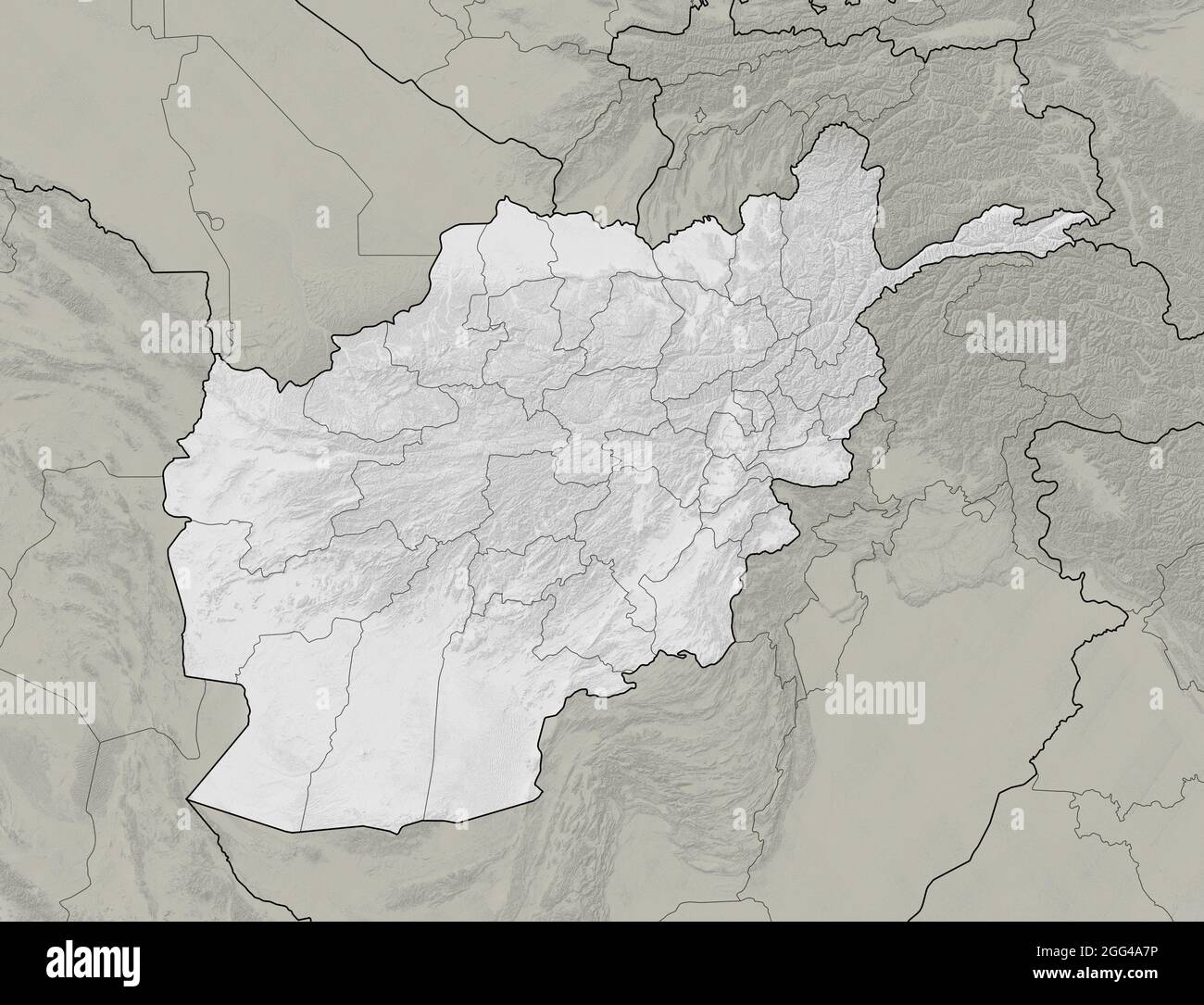 Mappa satellitare dell'Afghanistan, mappa fisica, rilievi e montagne. Bianco e nero. Confini nazionali e divisione in province. rendering 3d Foto Stock