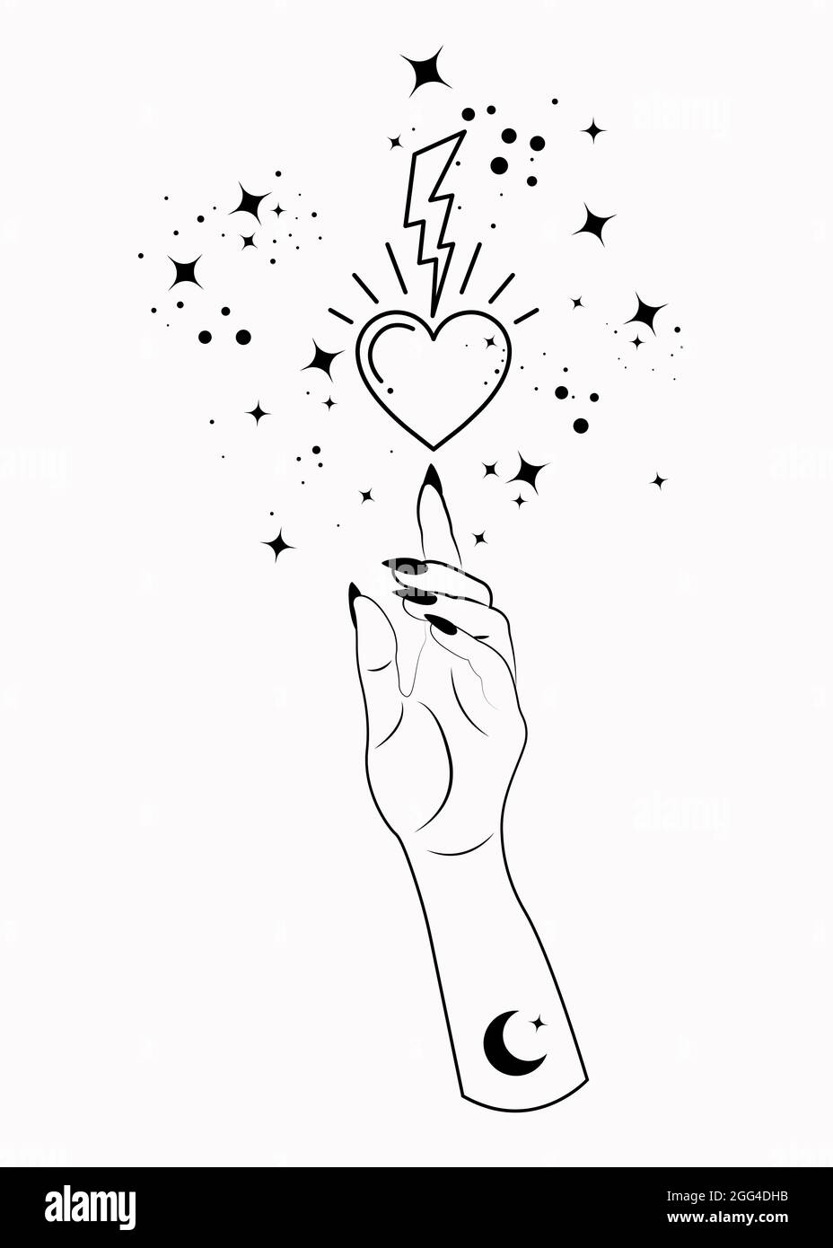 Mistica Donna alchimia mano esoterica magia spazio stelle, fulmine e sacro cuore simbolo. Logo di stile boho in nero contorno tatuaggio icona segno spirituale Illustrazione Vettoriale