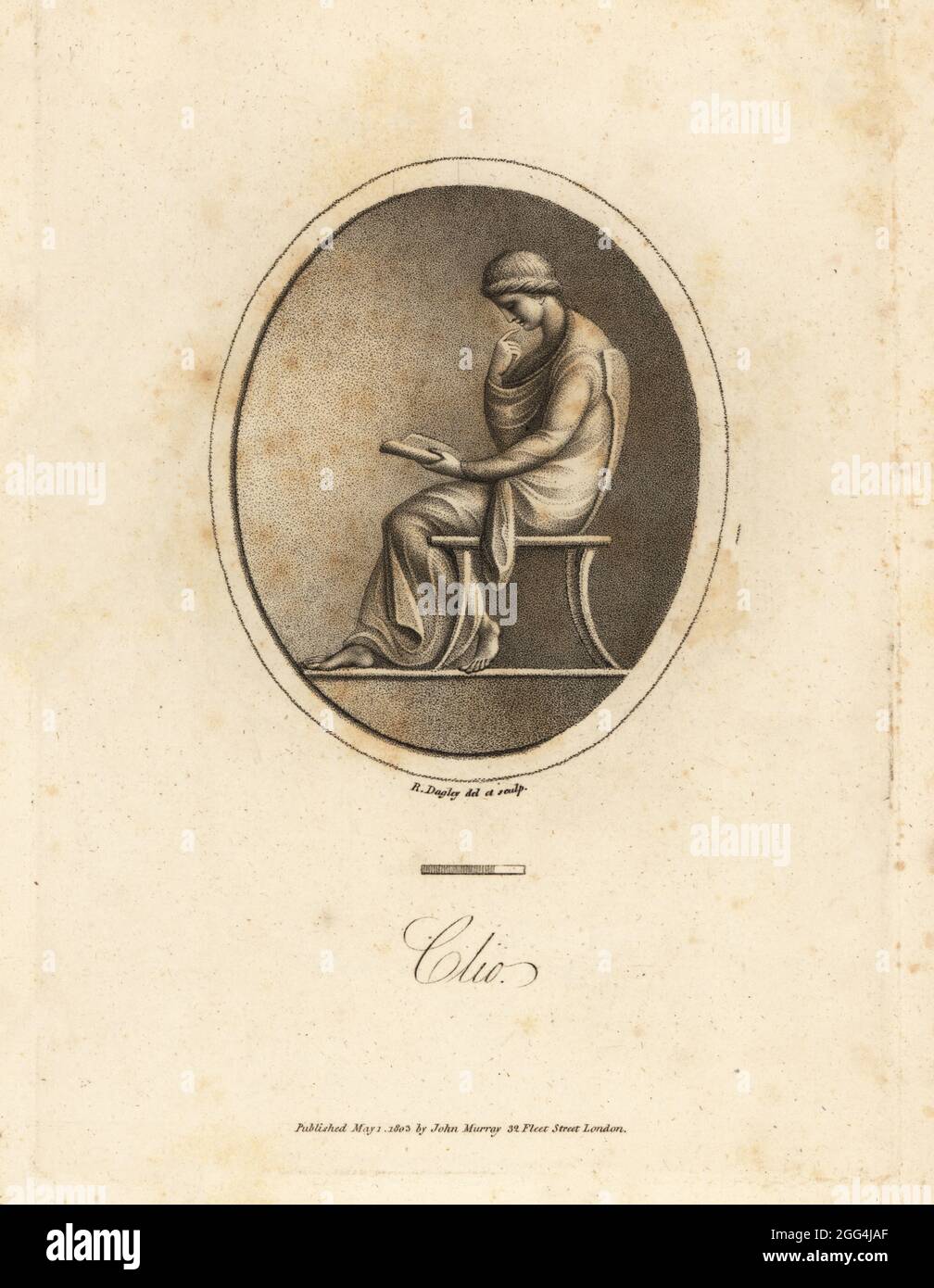 Figura di Clio, Muse of History, seduta su una sedia, lettura di un rotolo. Incisione in copperplate disegnata ed incisa da Richard Dagley di Gemme, selezionata dall'Antique, con illustrazioni, John Murray, Londra, 1804. Foto Stock