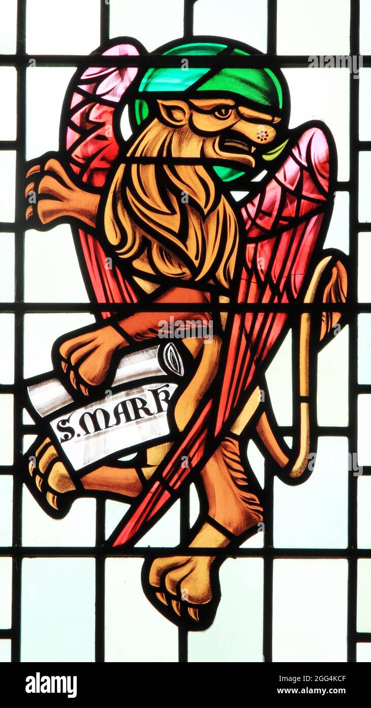 San Marco, simbolo di Evangelista, Leone alato, XX secolo, vetrate, Snettisham, Norfolk, Inghilterra Foto Stock