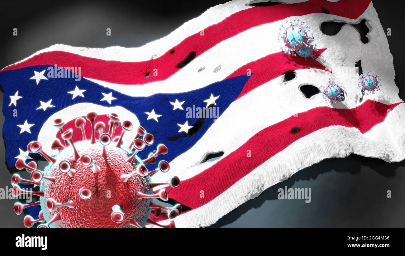 Covid in Ohio - coronavirus che attacca una bandiera di stato dell'Ohio come simbolo di una lotta e lotta con il virus pandemico in questo stato, illustrazione 3d Foto Stock