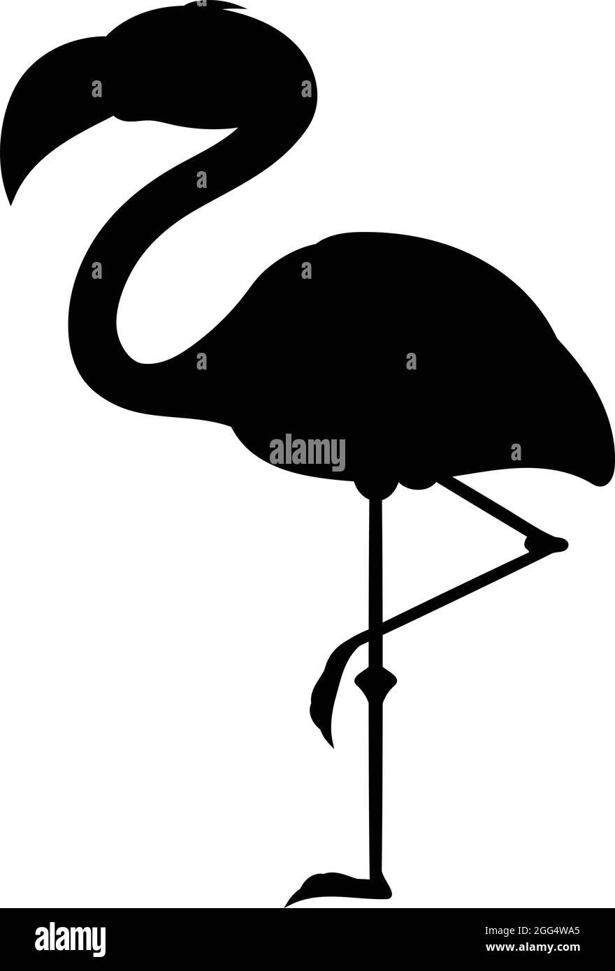 Flamingo in piedi su 1 gamba. Silhouette di uccello nero contro sfondo bianco Nessun cielo. Vettore libero Illustrazione Vettoriale